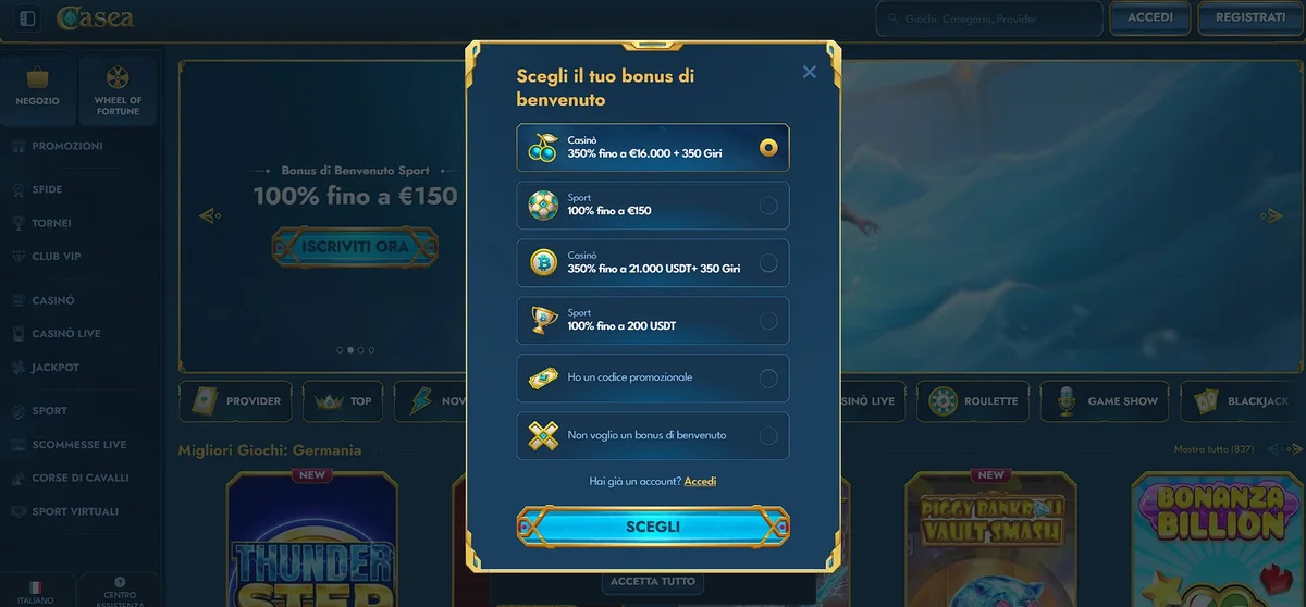 Bonus di benvenuto di Casea Casino del 350% fino a 16.000 € con 350 giri gratis in Italia